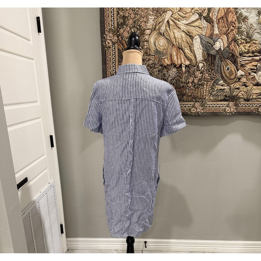 Tahari Dress Womens Medium Blue White Striped Linen Shirt Short Sleeve Casual - Picture 5 of 8